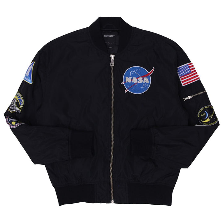 Mens Chemistry NASA Bomber Jacket Black Embroidered Patches