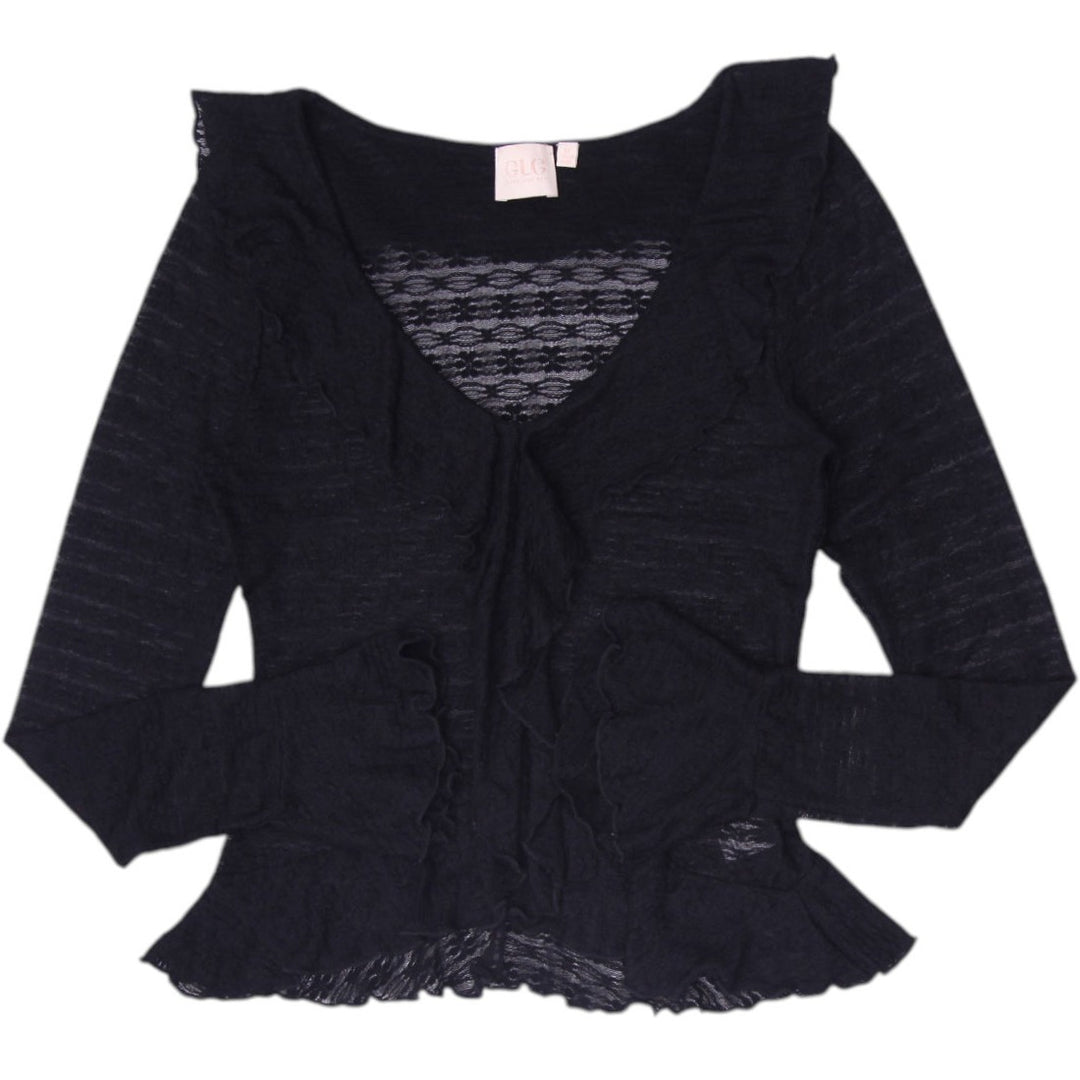 Y2K Ladies GLG Good Luck Gem Black Sheer Lace Ruffled Tie-Front Long Sleeve Top