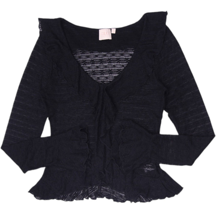 Y2K Ladies GLG Good Luck Gem Black Sheer Lace Ruffled Tie-Front Long Sleeve Top