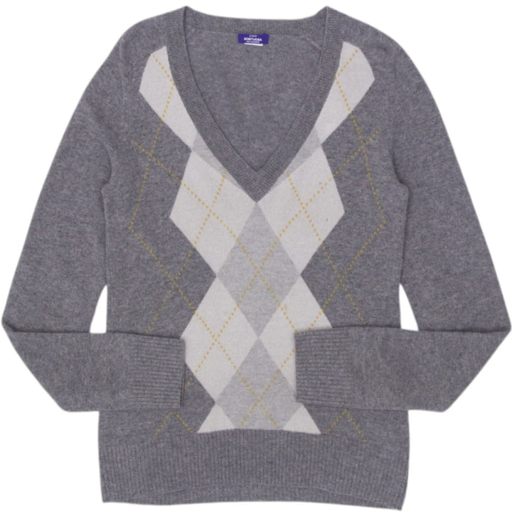 Ladies J.Crew Sontuosa 100% Cashmere V-Neck Argyle Gray Sweater