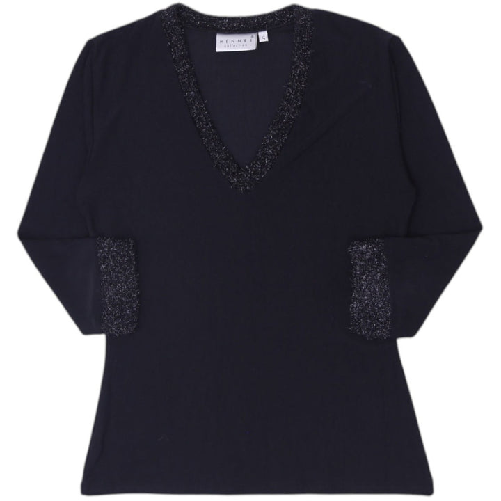 Y2K Ladies HENNES Collection Black Metallic Trim V-Neck Knit Top Size S