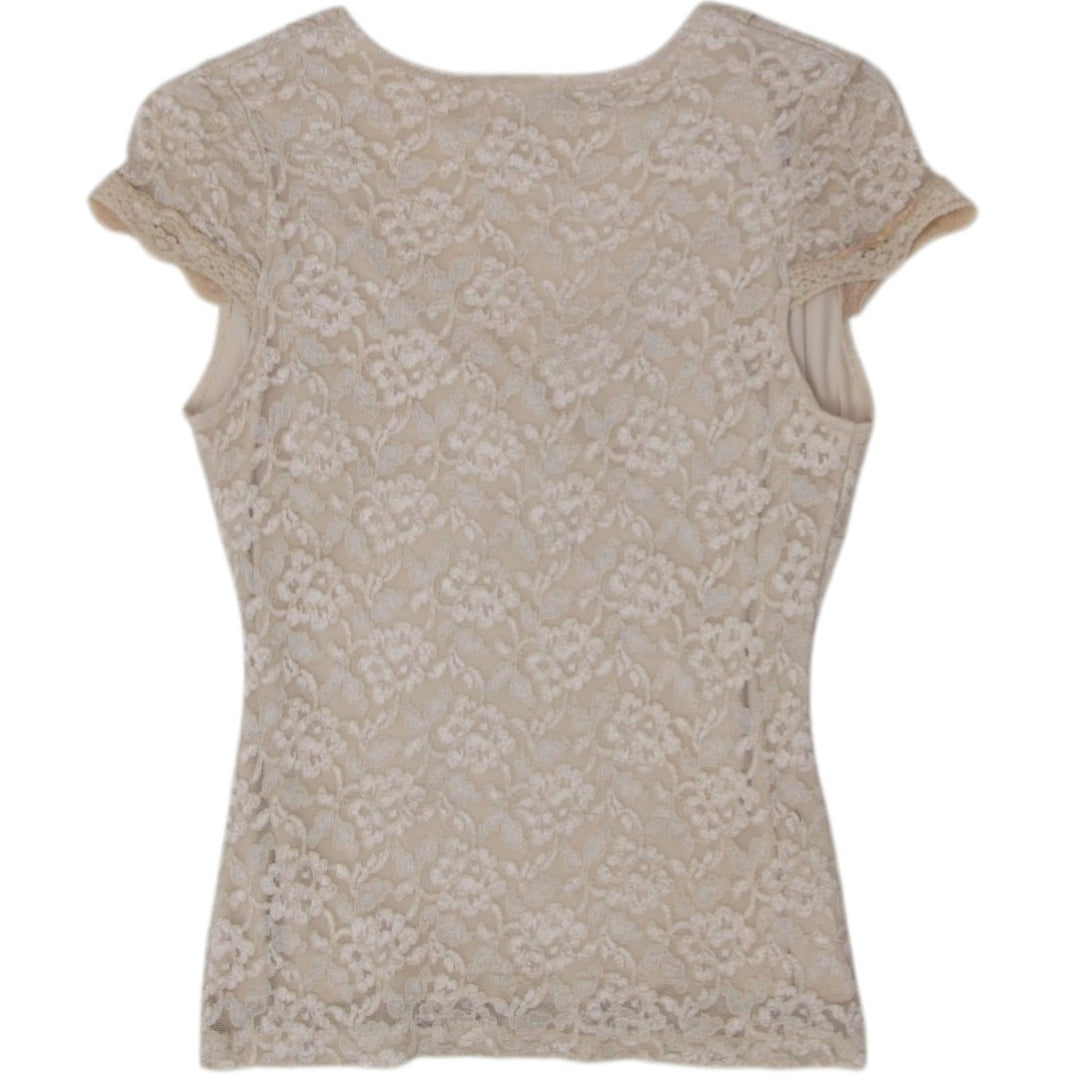 Y2K Ladies Blouse Beige Lace Short Sleeve V-Neck Top