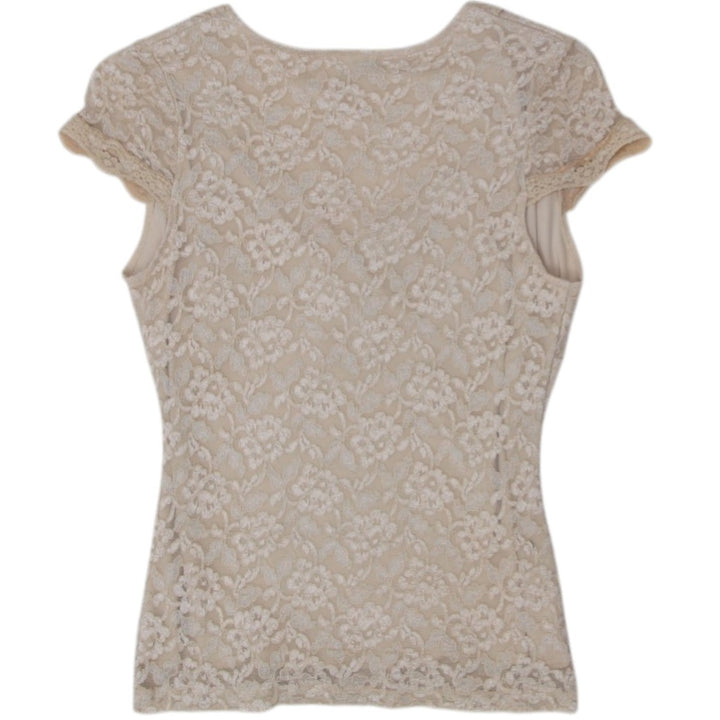Y2K Ladies Blouse Beige Lace Short Sleeve V-Neck Top