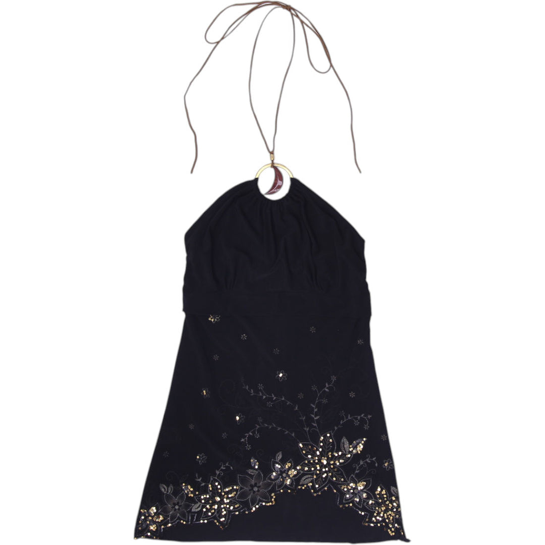 Y2K Ladies Janette Beaded Sequin O-Ring Asymmetric Tunic Halter Top Size S