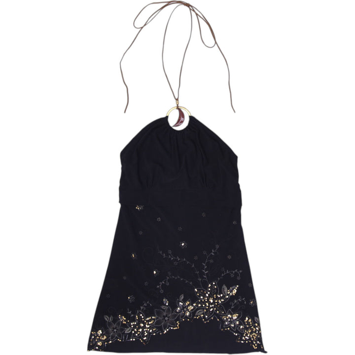 Y2K Ladies Janette Beaded Sequin O-Ring Asymmetric Tunic Halter Top Size S