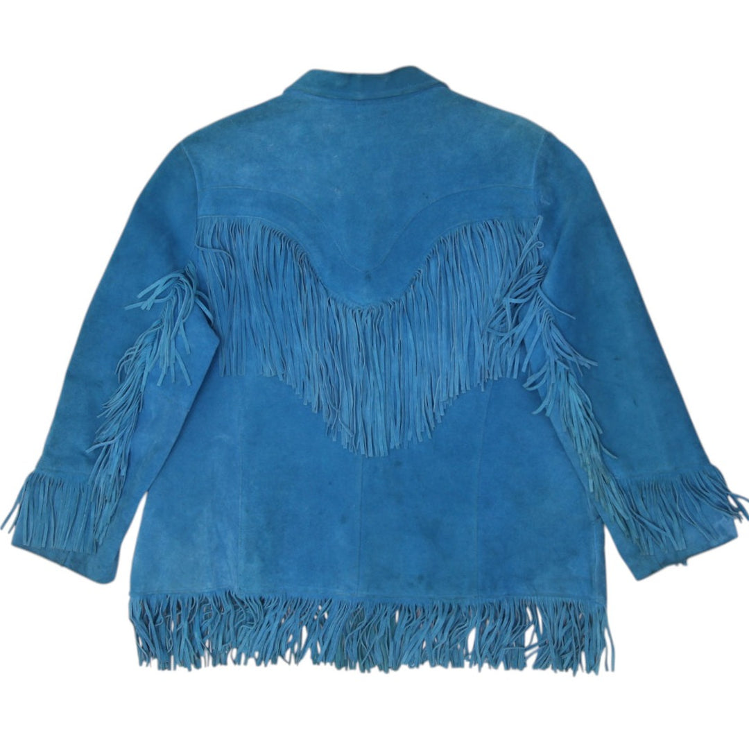 Vntg 80's Ladies Pioneer Wear Bright Turquoise Blue Suede Western Fringe Jacket