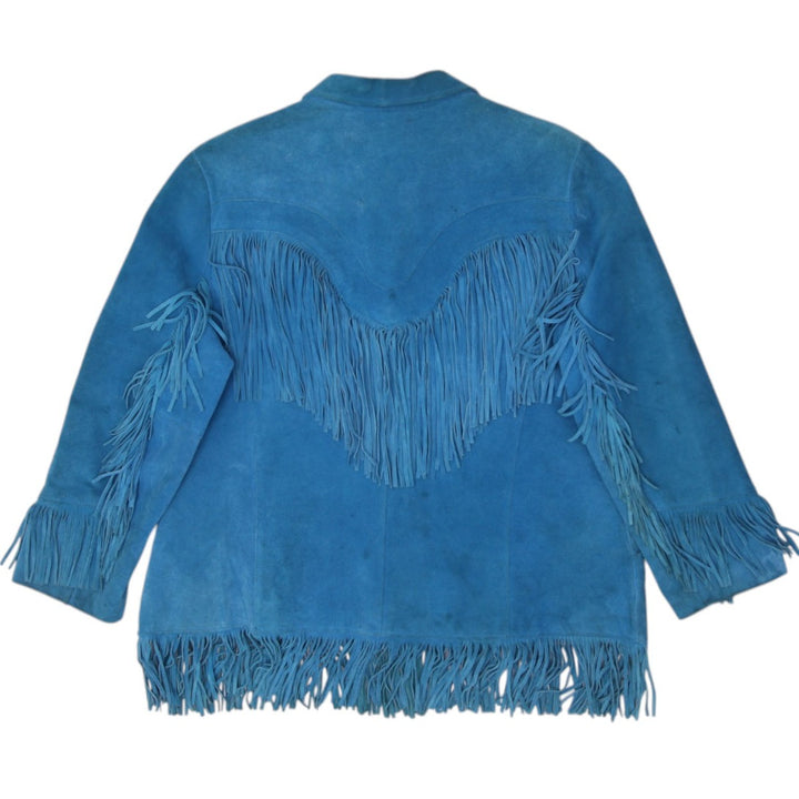 Vntg 80's Ladies Pioneer Wear Bright Turquoise Blue Suede Western Fringe Jacket