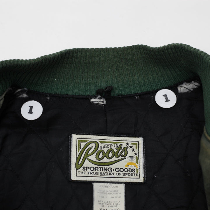 Vintage Roots Sporting Goods Distressed Leather Jacket 3D Embroidery Canada | Migration_Jackets - Detail View | Fashion Rerun