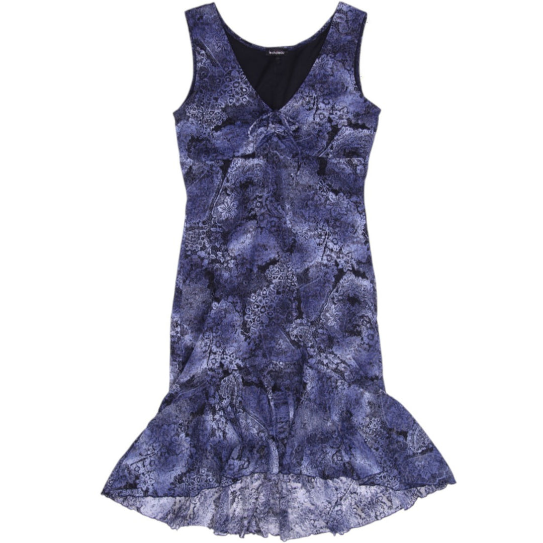 Y2K Ladies Le Chateau Abstract Blue Mesh High Low Ruffle Dress Size XL
