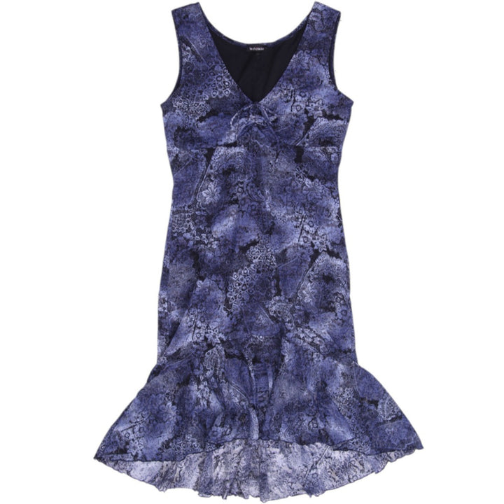 Y2K Ladies Le Chateau Abstract Blue Mesh High Low Ruffle Dress Size XL