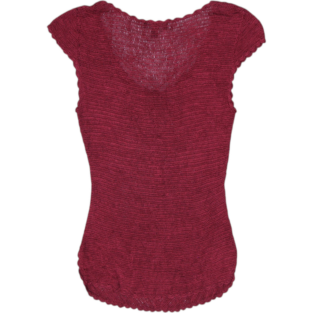 Y2K Ladies Y2K Bebe Crochet Knit Cap Sleeve Top Floral Rosette Burgundy Size M