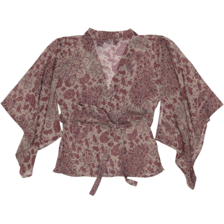 Y2K Ladies REVUE Sheer Paisley Wrap Blouse Kimono Sleeves Top Small Earthy Boho