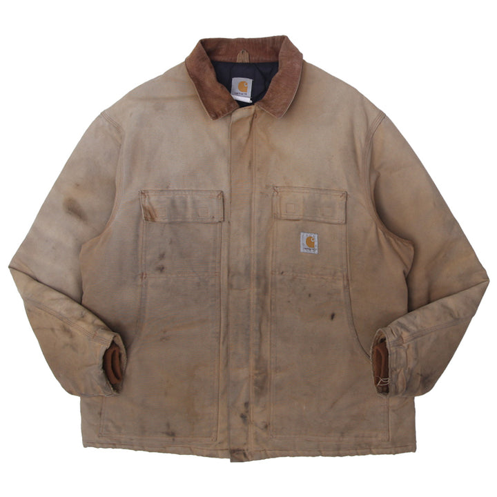 Vintage 90s Carhartt Distressed Jacket Arctic Quilt Lined Canvas Brown Beige Coat