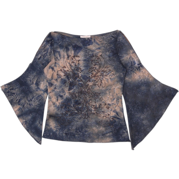 Y2K Ladies Forever 21 Acid Wash Bell Sleeve Beaded Fairycore Top Size