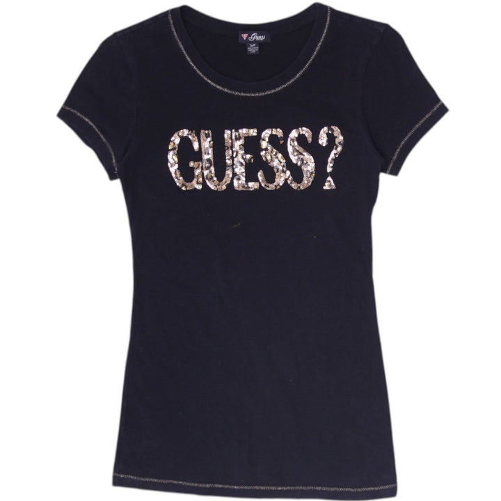 Y2K Ladies Guess T-Shirt Black Sequin Logo Short Sleeve Size S