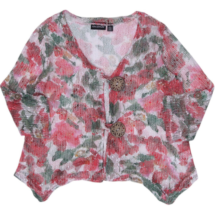 Y2K Ladies Nina Leonard Floral Sheer Open-Knit Mesh Cardigan Top Size L