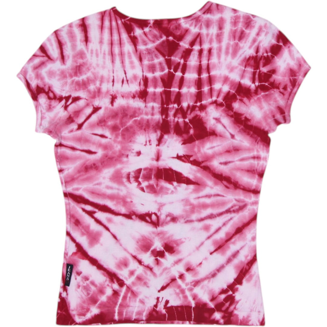 Y2K Ladies XOXO Jeans Red White Tie Dye Heart Rhinestone Baby Tee Made in USA L