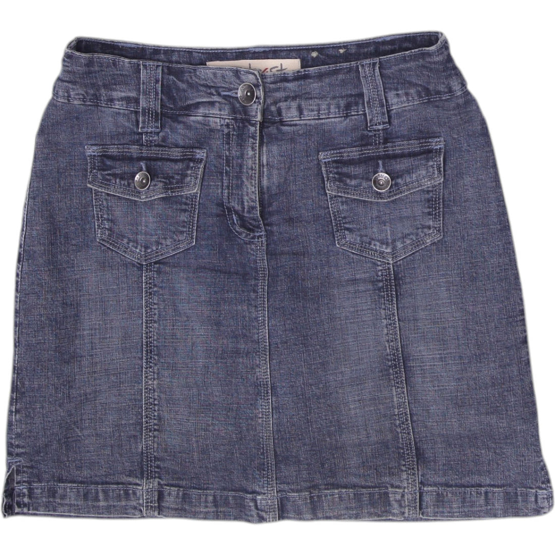 Y2K Ladies Contrast Denim Mini Skirt Dark Wash Cargo Flap Pockets