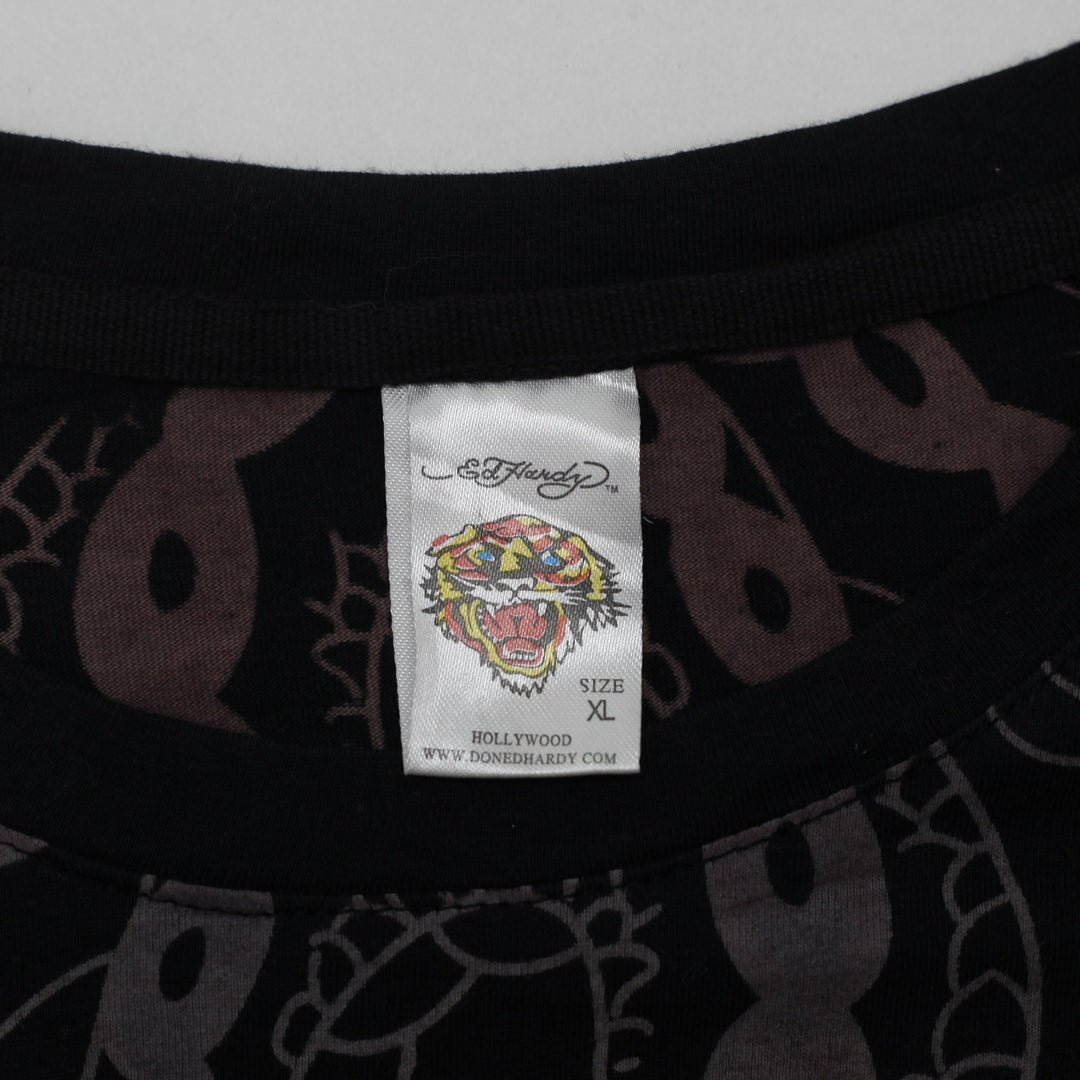 Y2K Ladies Ed Hardy All Over Print Superstar Eagle Fun Dagger Heart T-Shirt XL
