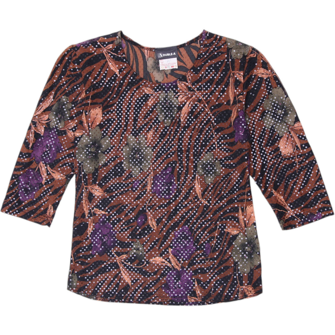 Y2K Ladies Duble-A Animal Floral Print Sequin Mesh Top Medium Made in Canada