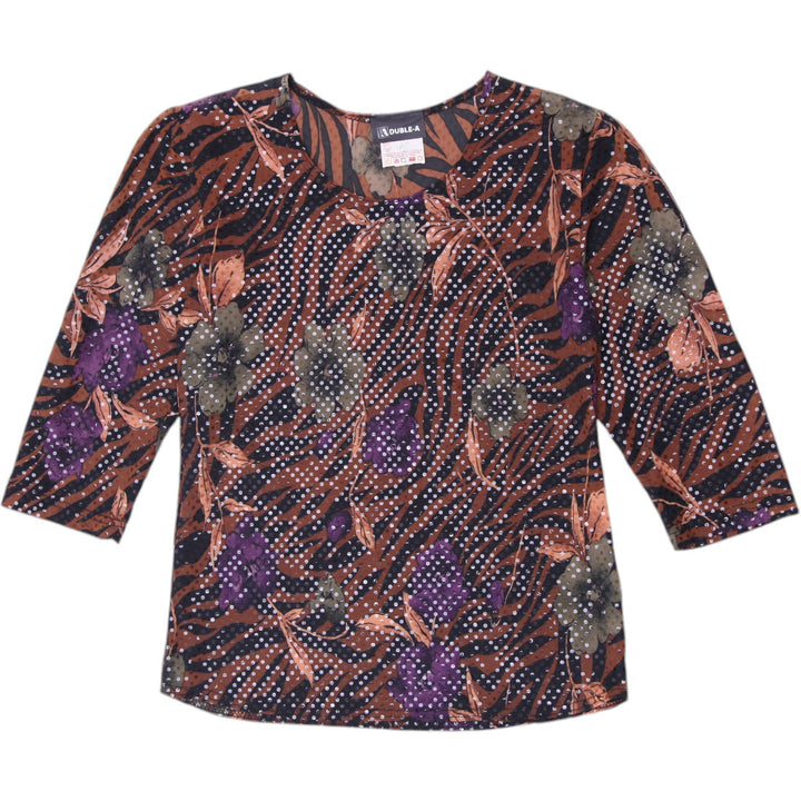 Y2K Ladies Duble-A Animal Floral Print Sequin Mesh Top Medium Made in Canada