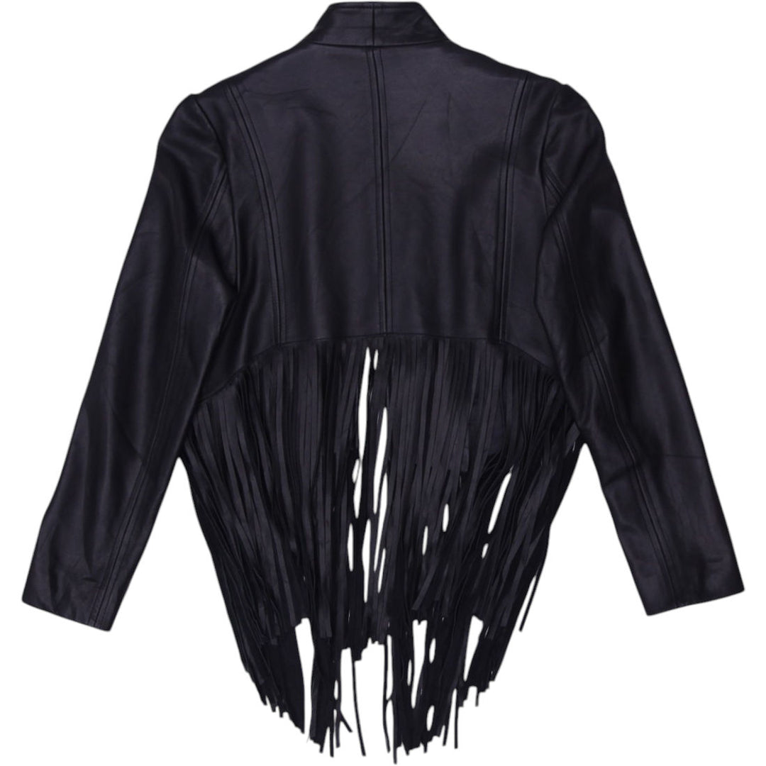 Vintage Ladies CUSP By Neiman Marcus Fringe Jacket Black Crop Leather