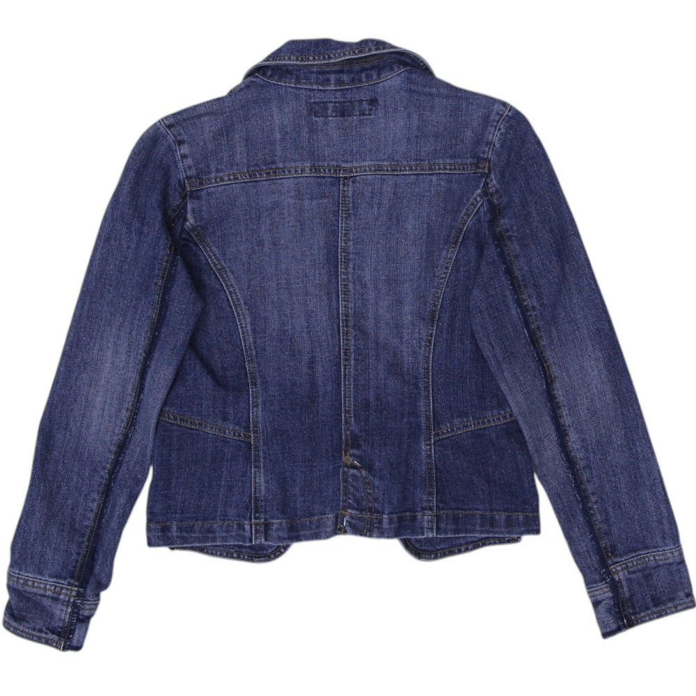 Y2K Ladies Fitted Casual Blue Denim Trucker Jacket Size M | Migration_Jackets - Side View | Fashion Rerun