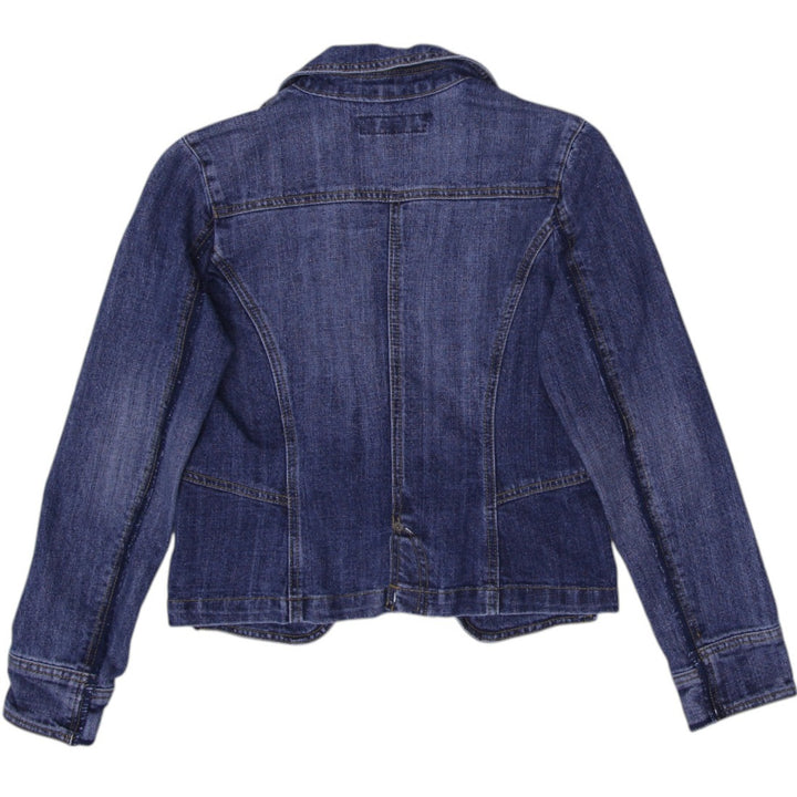 Y2K Ladies Fitted Casual Blue Denim Trucker Jacket Size M | Migration_Jackets - Side View | Fashion Rerun