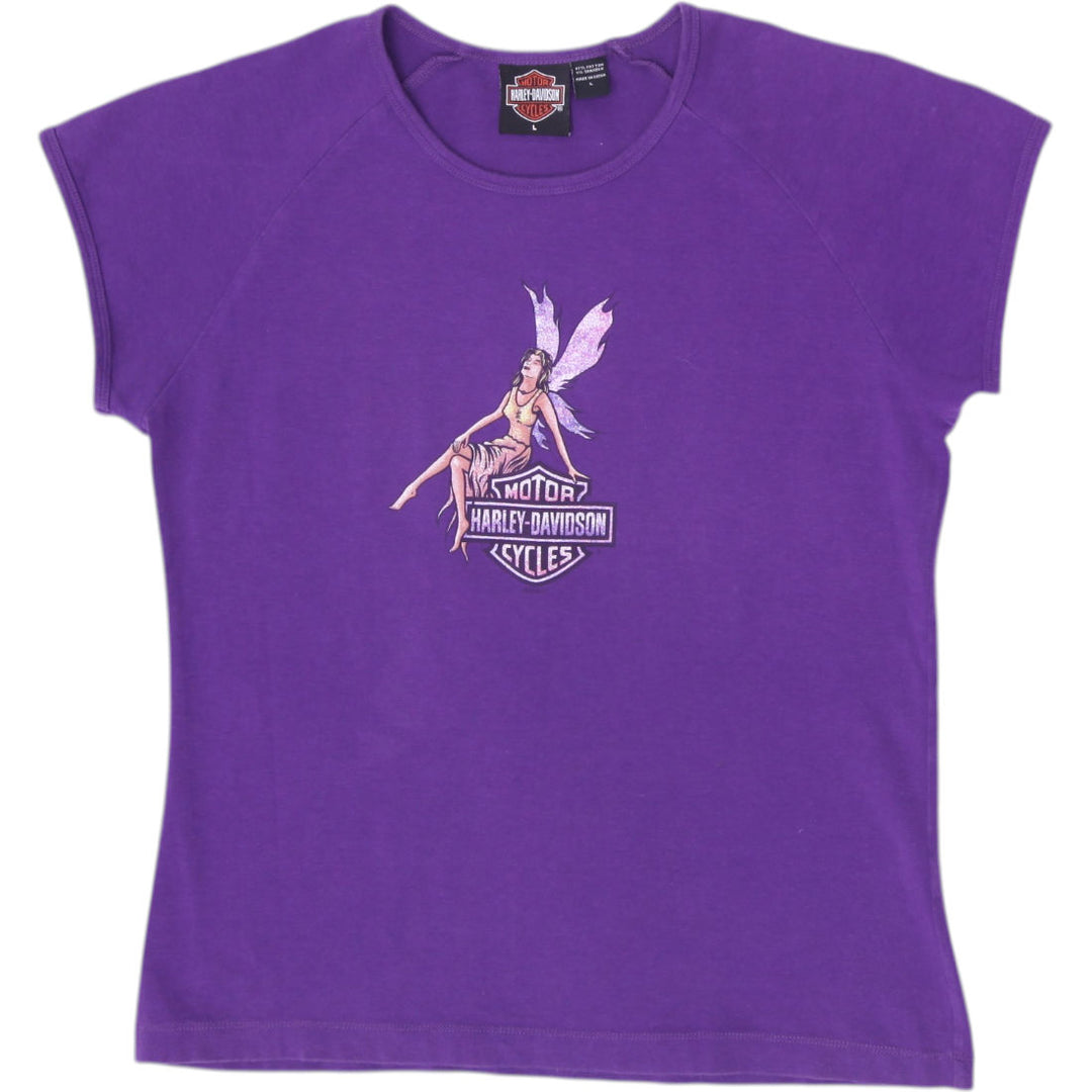 Ladies Harley Davidson Purple Fairy Graphic Baby Tee T-Shirt Size L