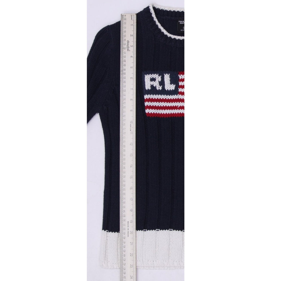 Vintage Ladies Navy Polo Ralph Lauren American Flag Ribbed Knit Sweater