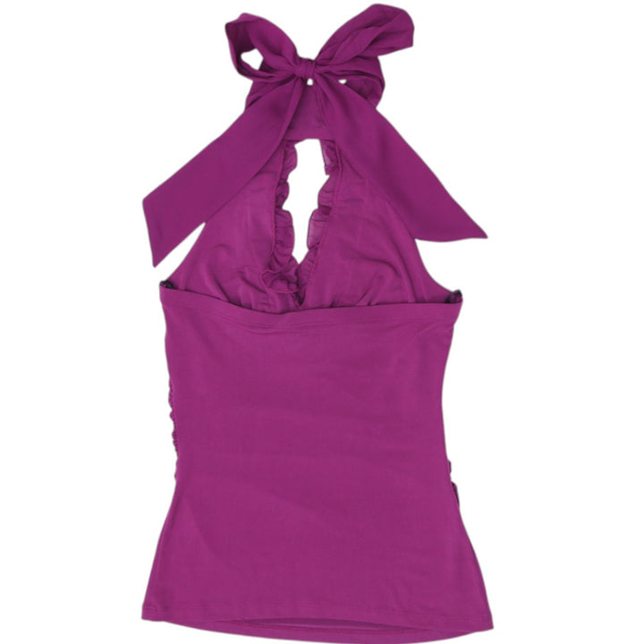 Y2K Ladies Candie's Ruffle Keyhole Magenta Purple Ruched Halter Top Size L