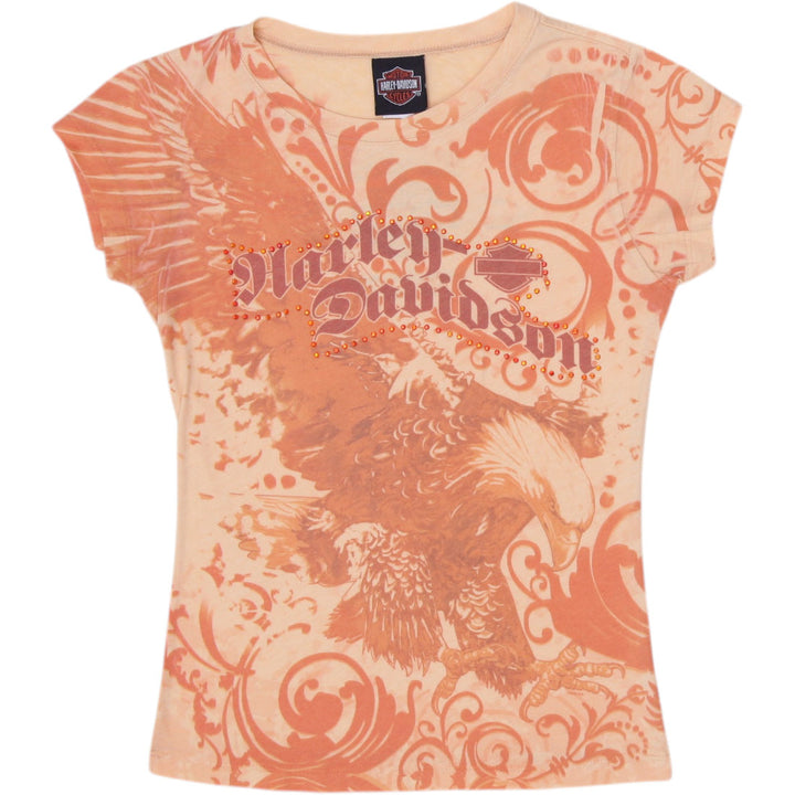 Y2K Ladies Harley Davidson Apricot Orange Eagle & Filigree Graphic Cap Sleeve