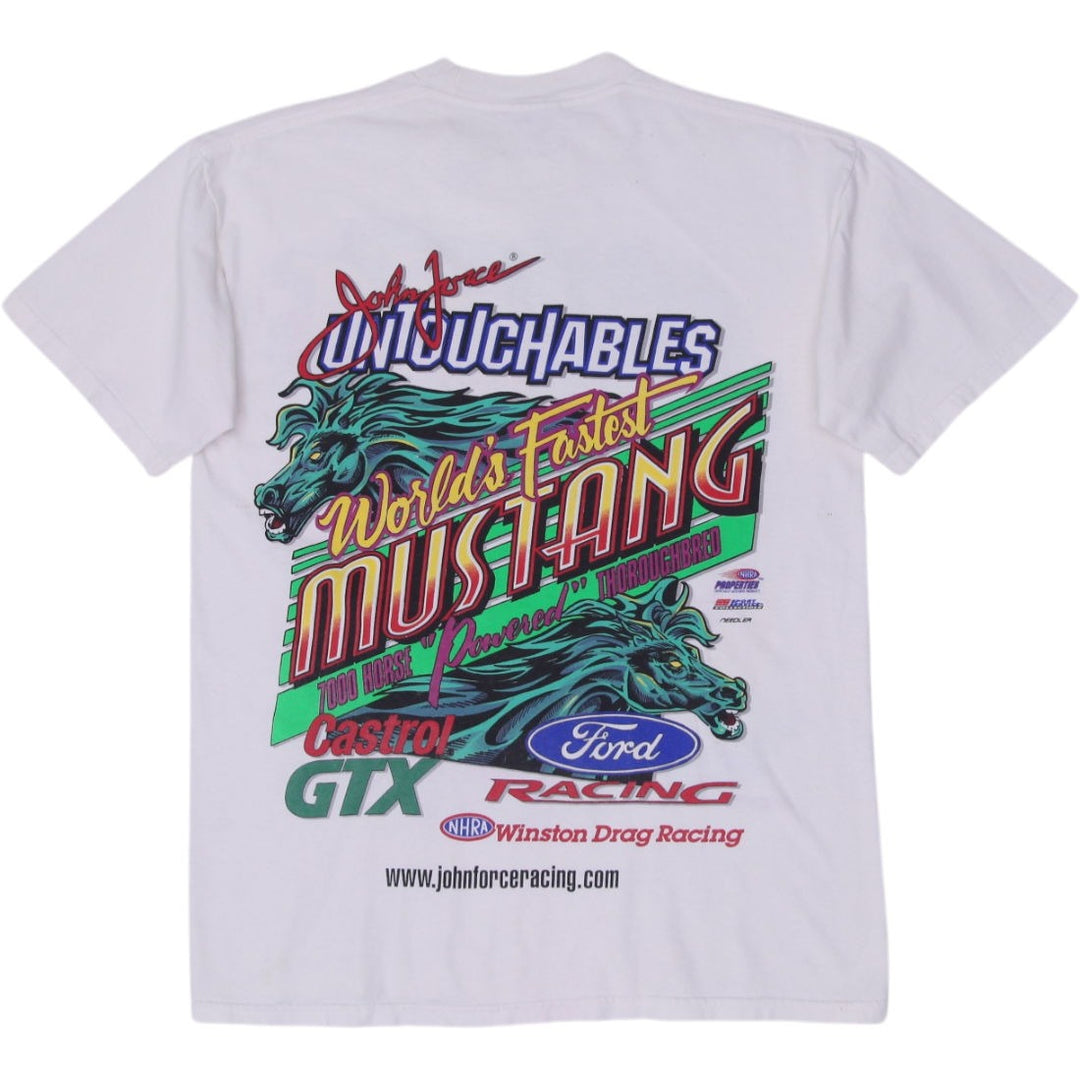 Vintage John Force Racing Castrol GTX 8-Time Champion Mustang Funny Car T-Shirt | Migration_T-Shirts - Side V | Fashion Rerun