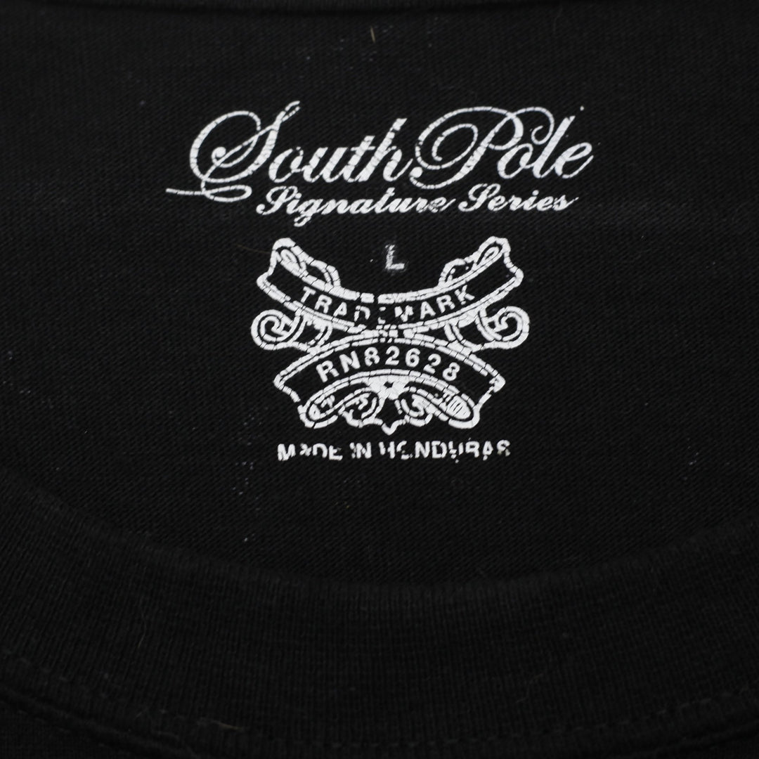 Y2K Mens Southpole Black Graphic T-Shirt Size Large Cyber Grunge