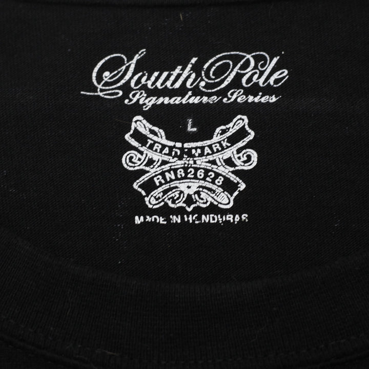 Y2K Mens Southpole Black Graphic T-Shirt Size Large Cyber Grunge