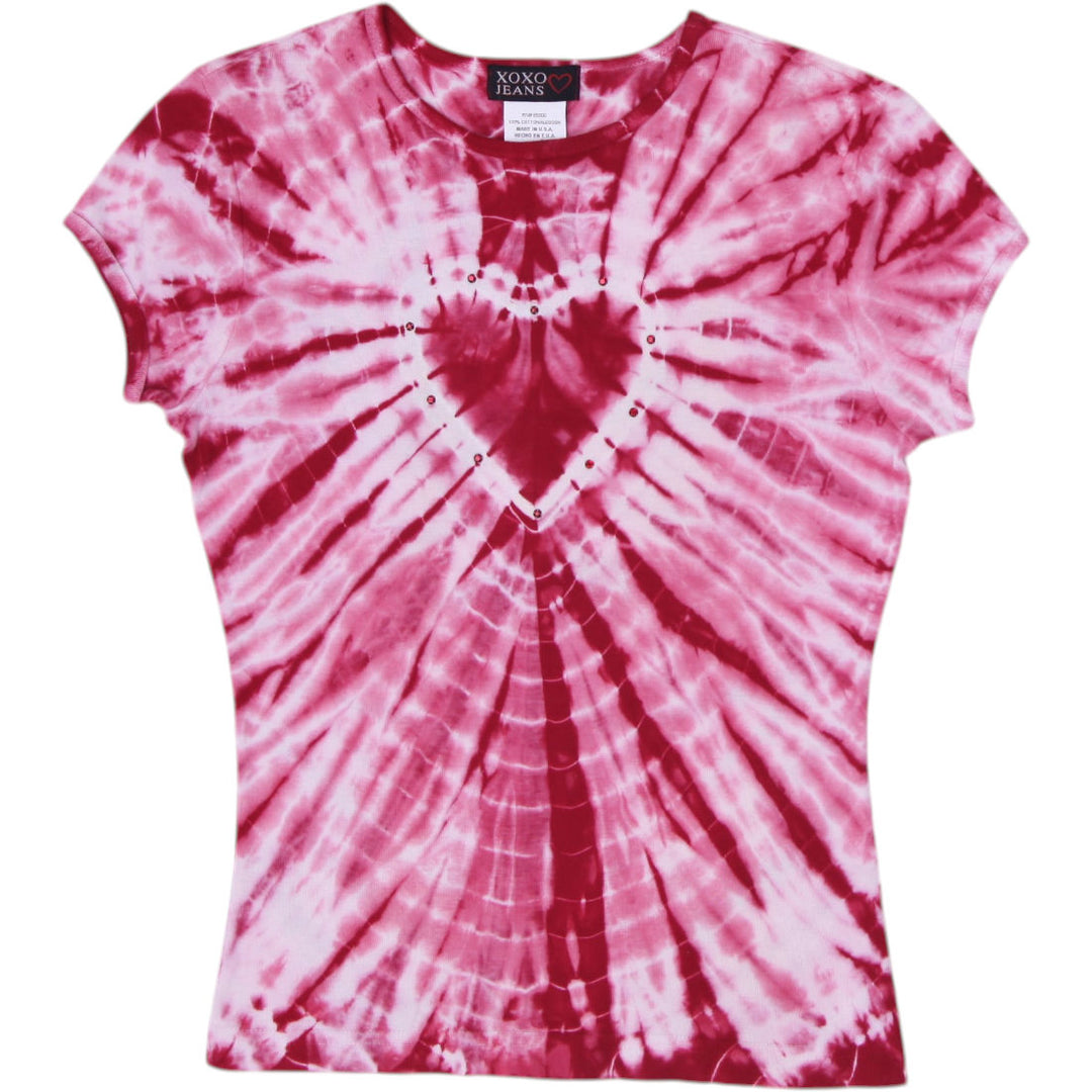 Y2K Ladies XOXO Jeans Red White Tie Dye Heart Rhinestone Baby Tee Made in USA L