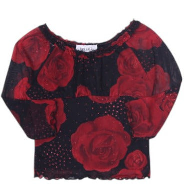 Y2K Ladies Edgy Top Black Red Rose Mesh Floral Made in USA Size S