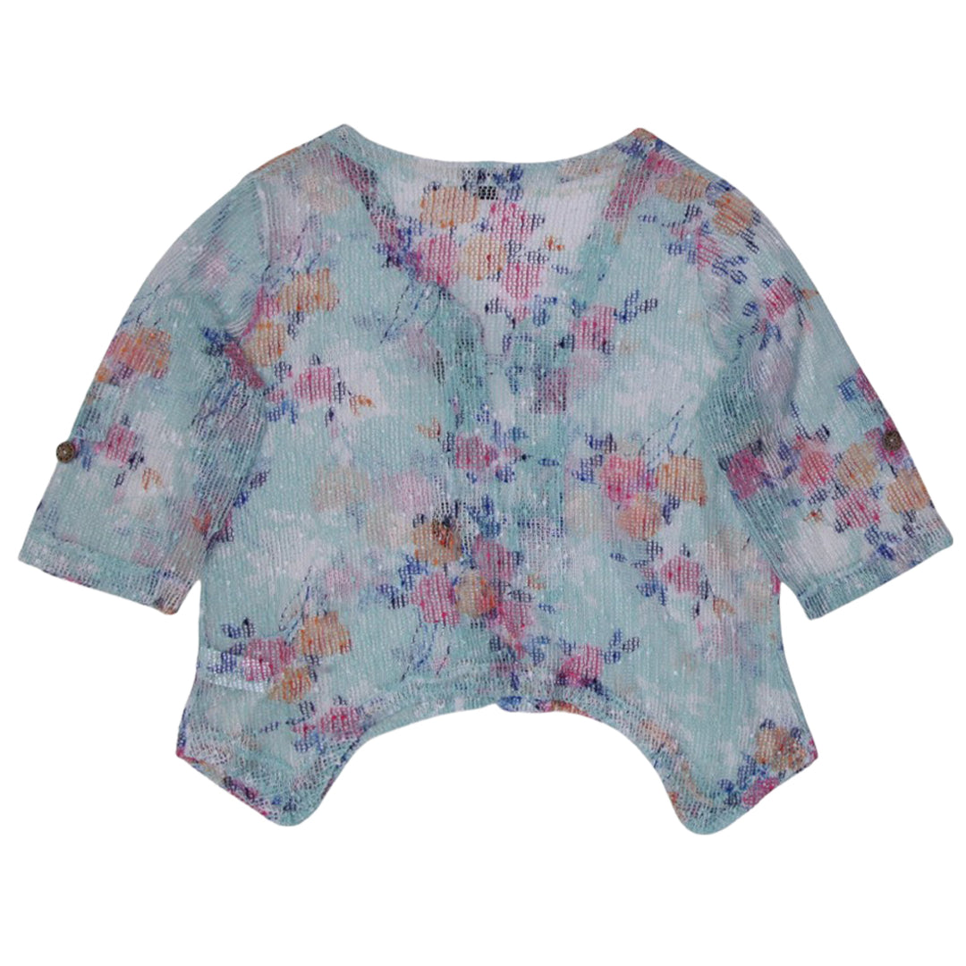 Y2K Ladies Nina Leonard Button Knit Crochet Boho Floral Teal Blue Cardigan Shrug