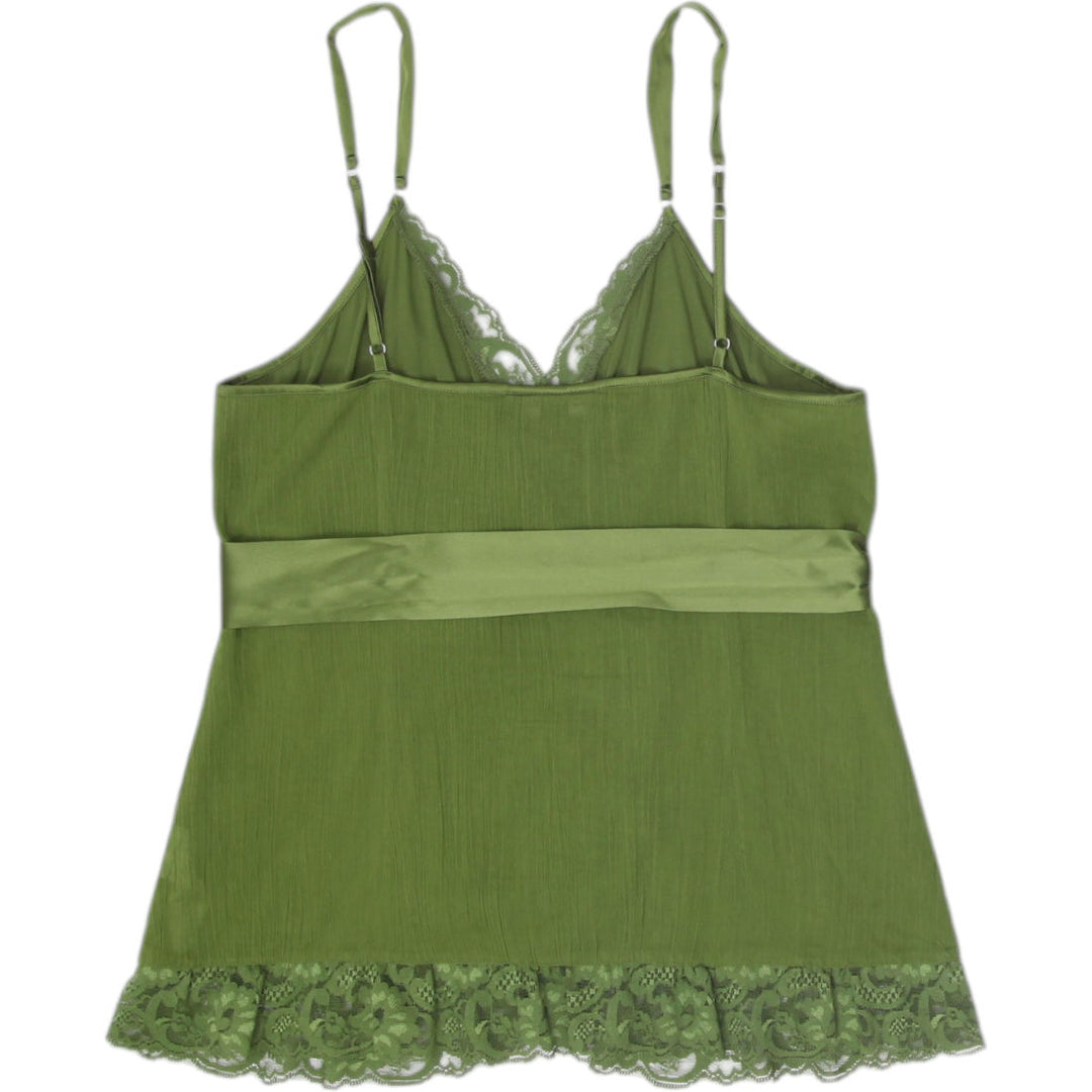 Y2K Ladies Bebe Camisole Green Lace Accent Satin