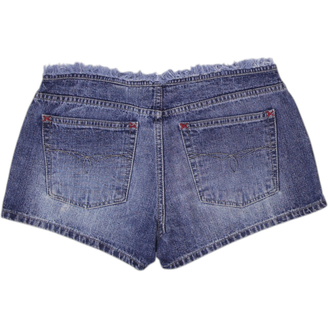 Y2K Ladies Blue Frayed Distressed Casual Denim Shorts Size 7 | Migration_Shorts - Side View | Fashion Rerun