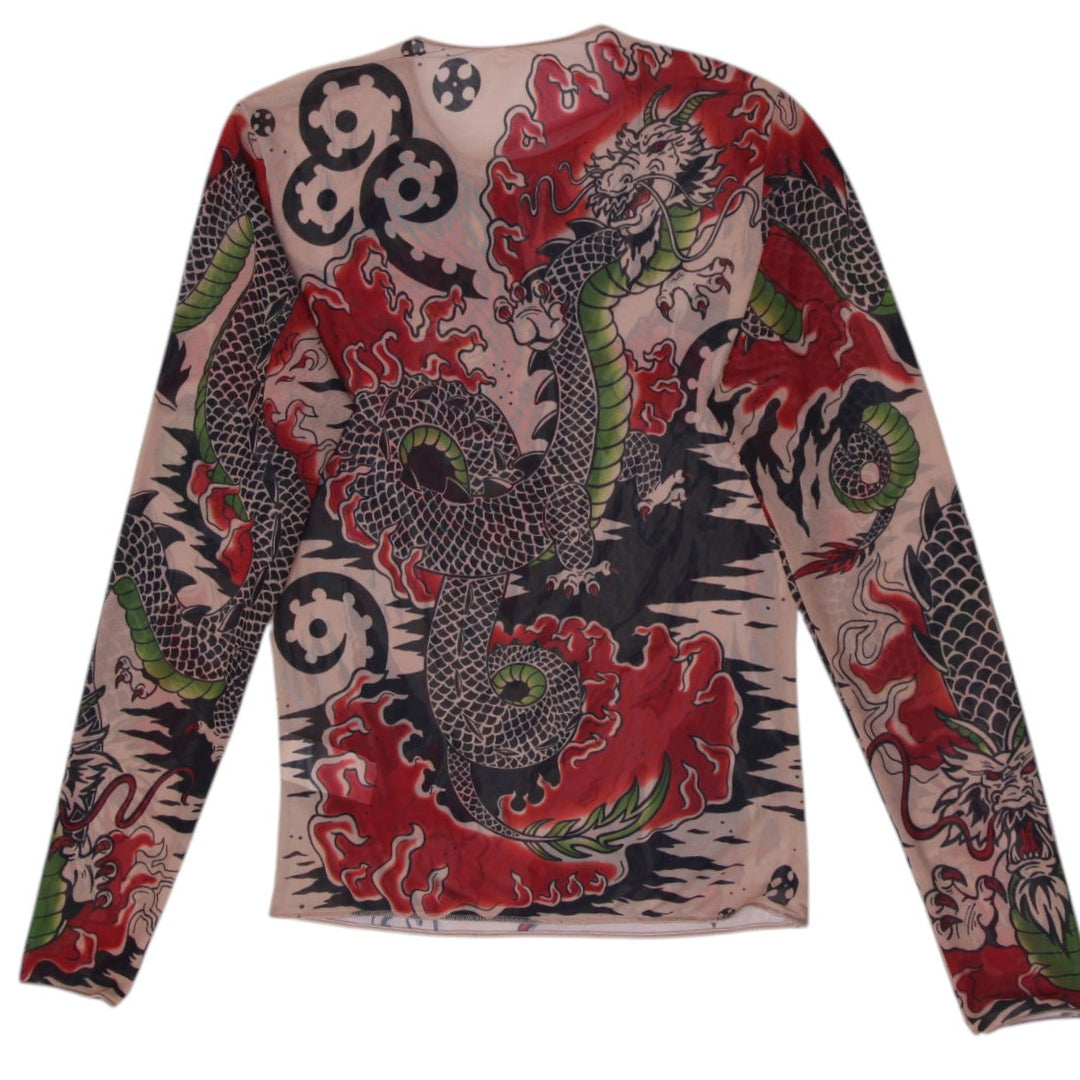 Y2K Ladies Japanese Tiger & Dragon Tattoo Print Sheer Mesh Long Sleeve Top