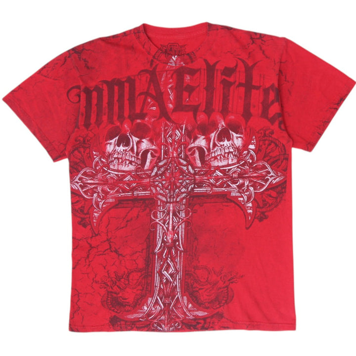 Y2K Mens MMA Elite Red Graphic T-Shirt Skulls Cross Size M