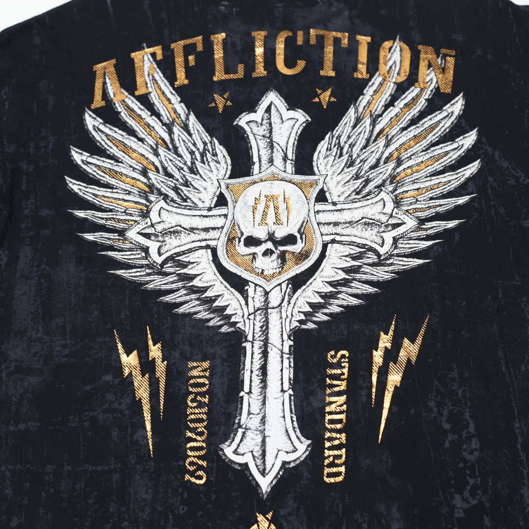 Y2K Mens Affliction Live Fast Lava Wash Cross Wings Skull T-Shirt Size 2XL