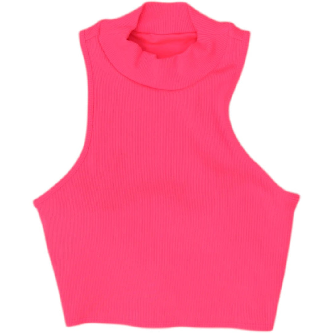 Ladies Alo Yoga Bright Pink Seamless Mock Neck Open Back Crop Tank Top Size XS