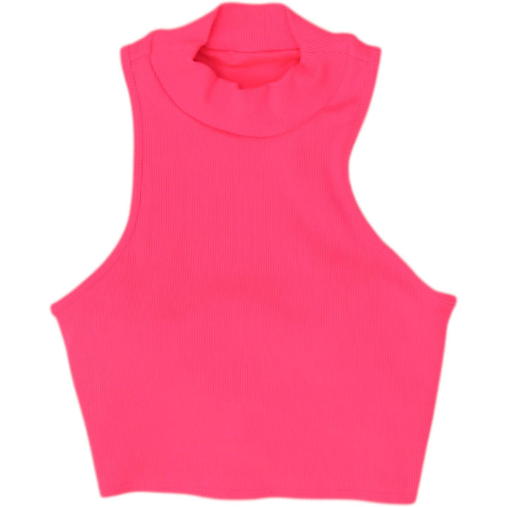 Ladies Alo Yoga Bright Pink Seamless Mock Neck Open Back Crop Tank Top Size XS