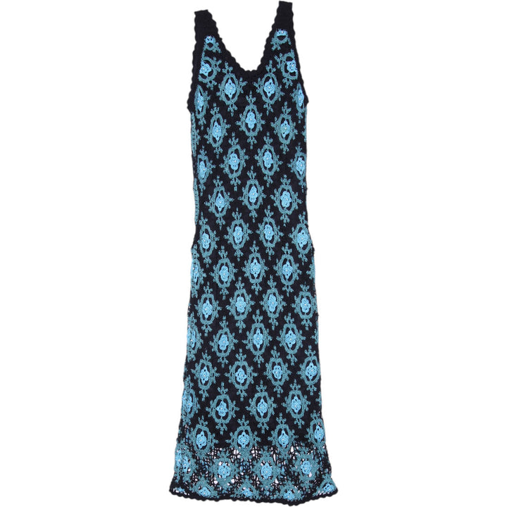 Y2K Ladies Algo Crochet Dress Black Blue Geometric Sheath Size S