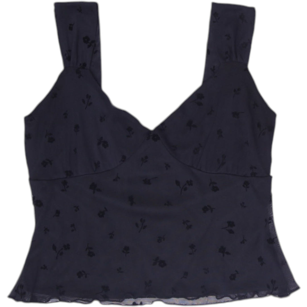 Y2K Ladies Windsor Tank Top Black Sleeveless Floral Chic Size M