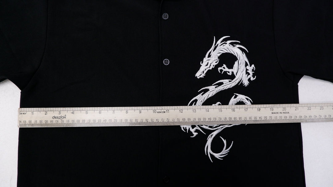Mens R2 PLAYER Embroidered Dragon Black Short Sleeve Button Down Shirt