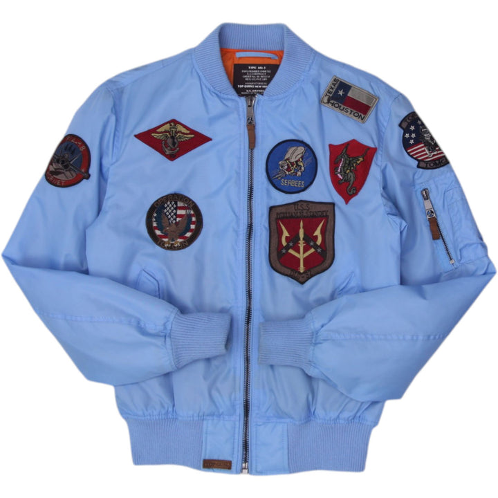 Vintage Mens Top Gun MA-1 Bomber Zipper Jacket Light Blue Patches S | Migration_Jackets | Fashion Rerun