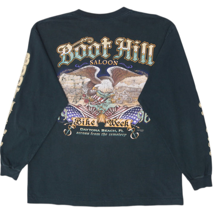 Vintage 1996 Mens Boot Hill Saloon Biker Graphic T-Shirt Size XL | Migration_T-Shirts - Side View | Fashion Rerun